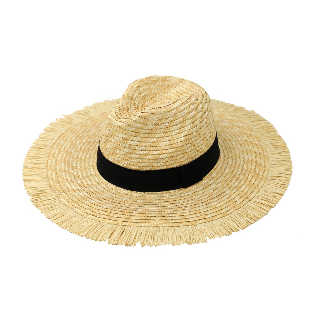 Straw Hat With Ribbon and Fringe Edge