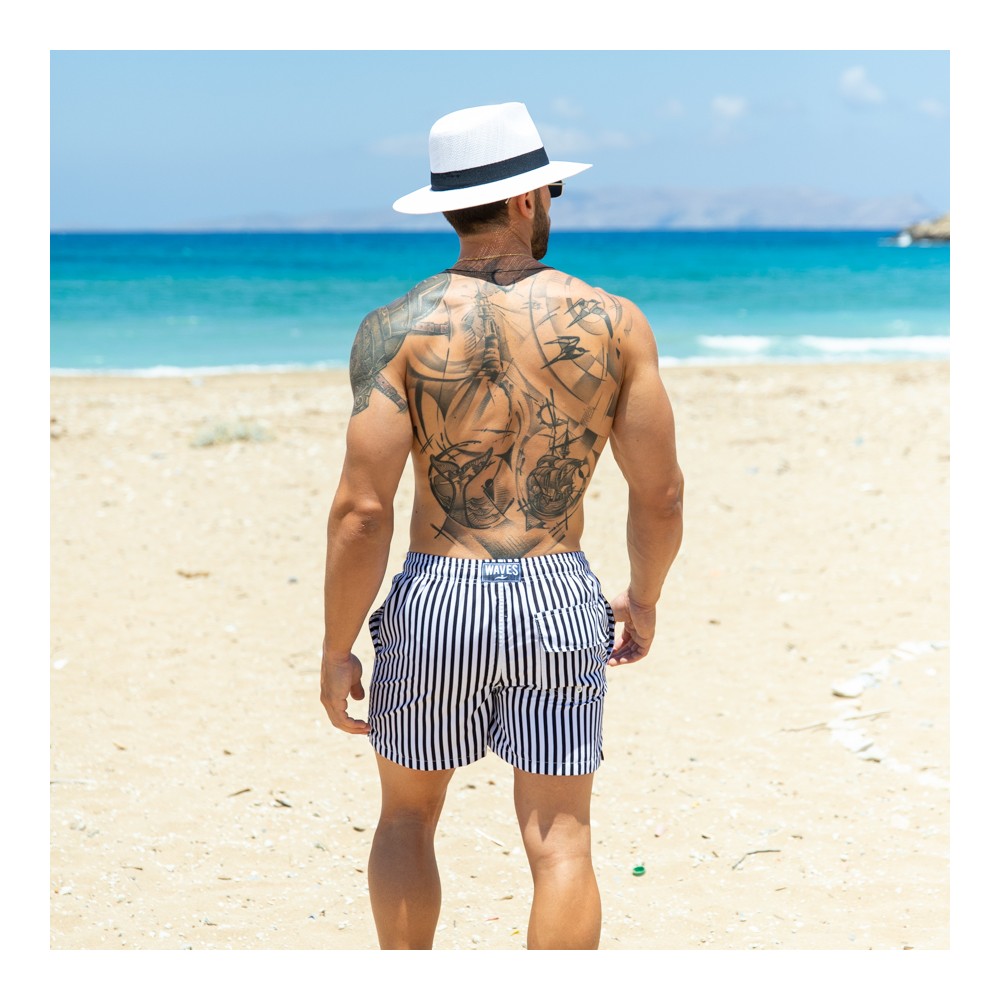 Mens black and sales white striped swim trunks